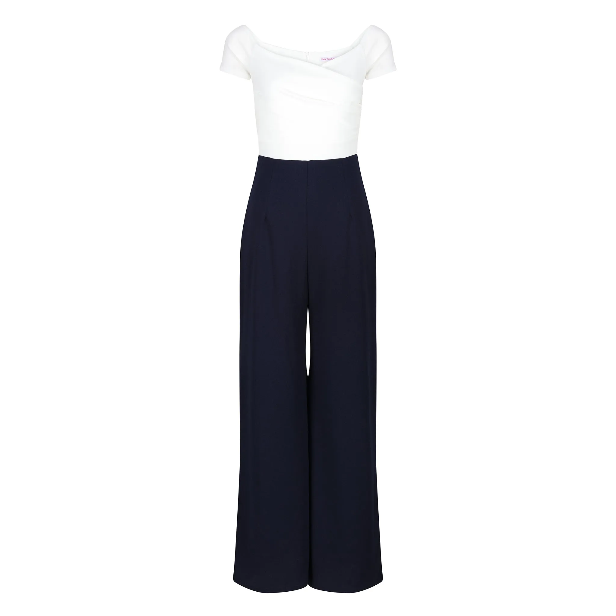 Ivory Bardot Top and Navy Cropped Trouser-suit