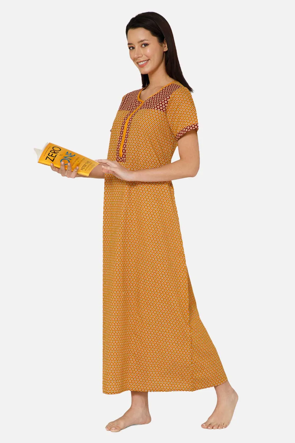 Naidu Hall A-line Front Open Women's Nighty Full Length Half Sleeve - Mustard- R125