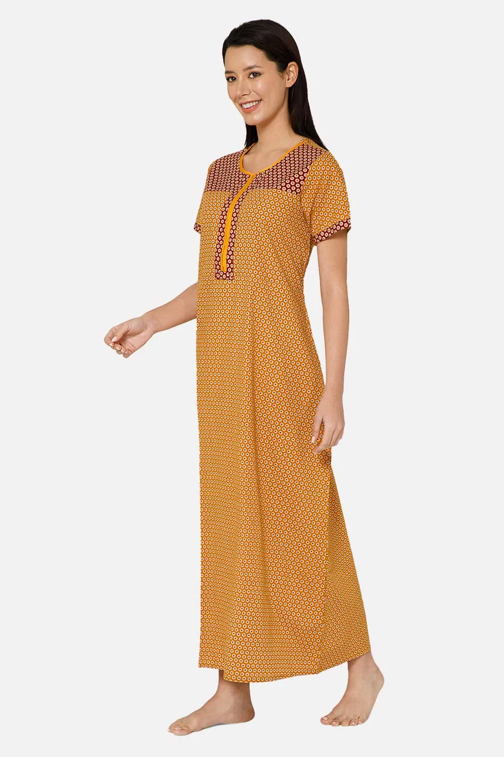 Naidu Hall A-line Front Open Women's Nighty Full Length Half Sleeve - Mustard- R125