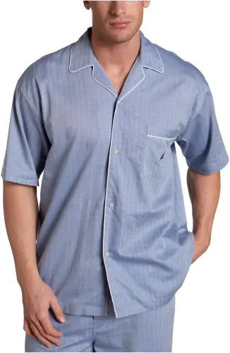 NAUTICA MEN'S CAPTAINS HERRINGBONE WOVEN SHORT SLEEVE PAJAMA TOP,BLUE BONE,LARGE