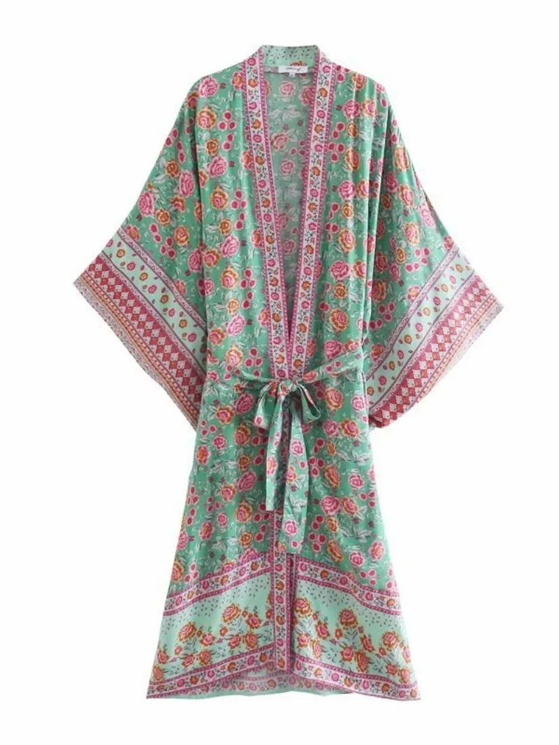 Partywear Floral Print Green Color Cotton Long Length Gown Kimono