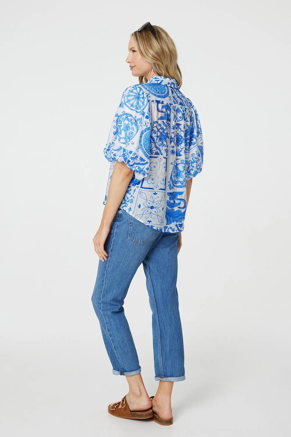 Patchwork Print 1/2 Puff Sleeve Shirt