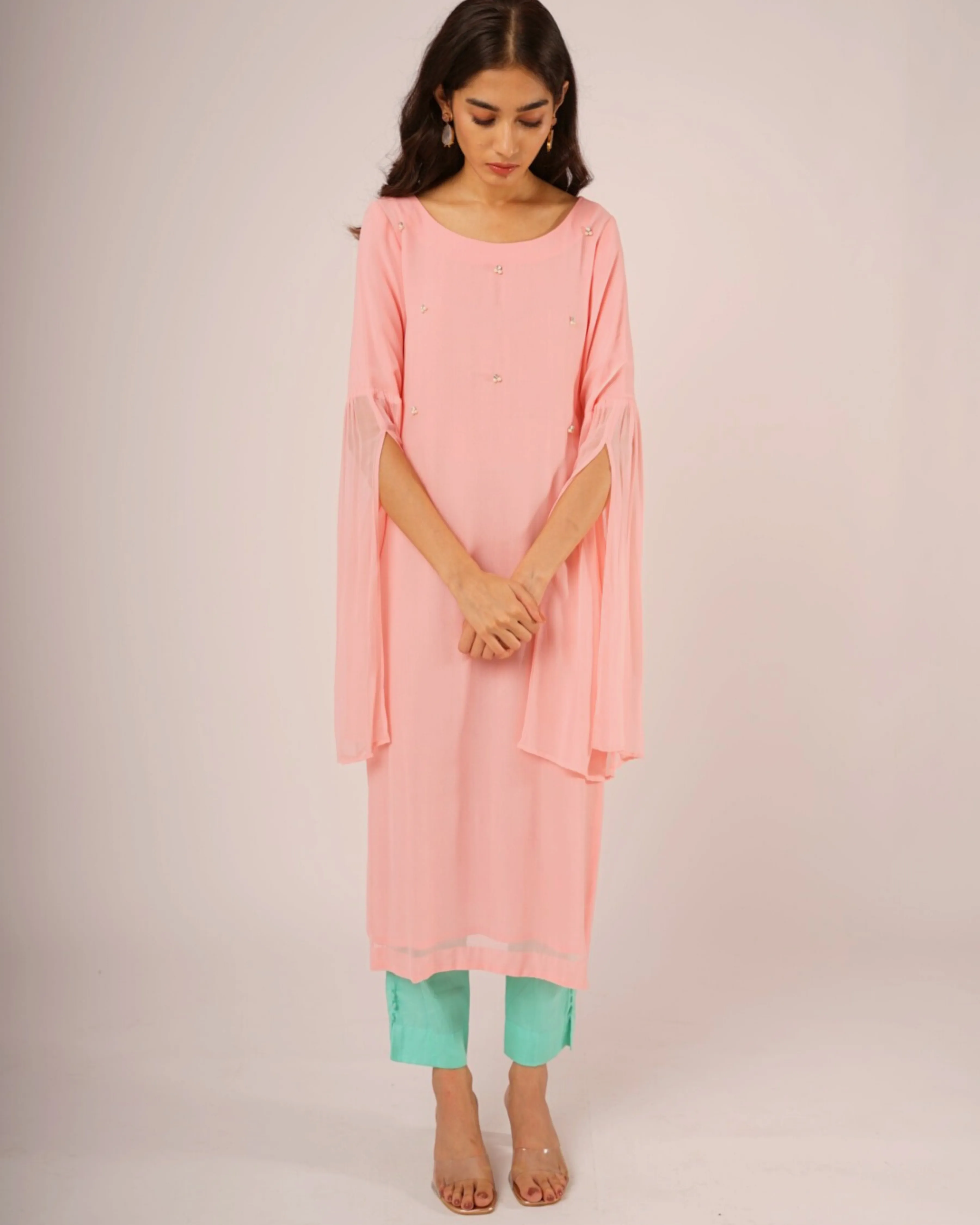 Pink Georgette Pearl Kurta with Mint Pants