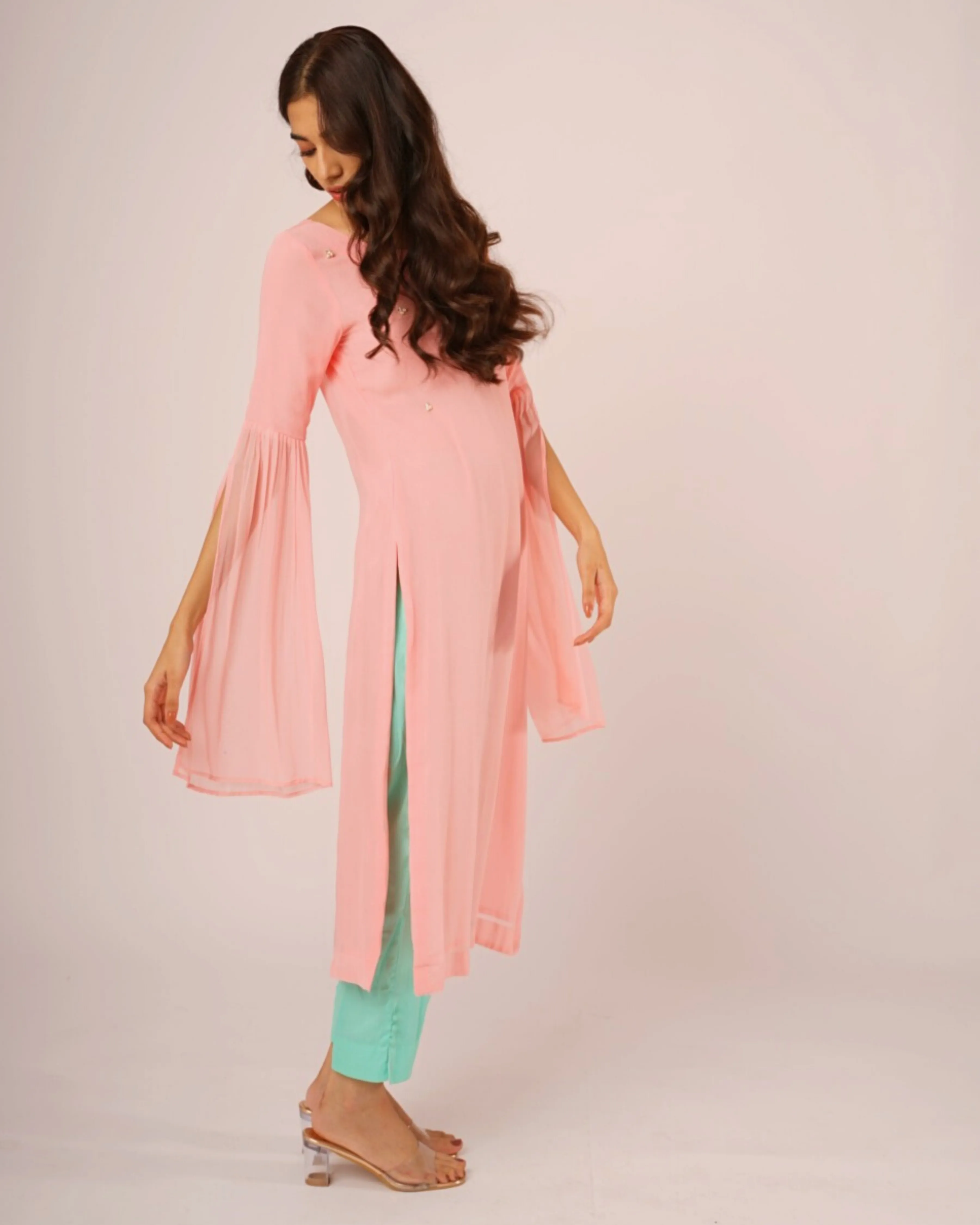 Pink Georgette Pearl Kurta with Mint Pants