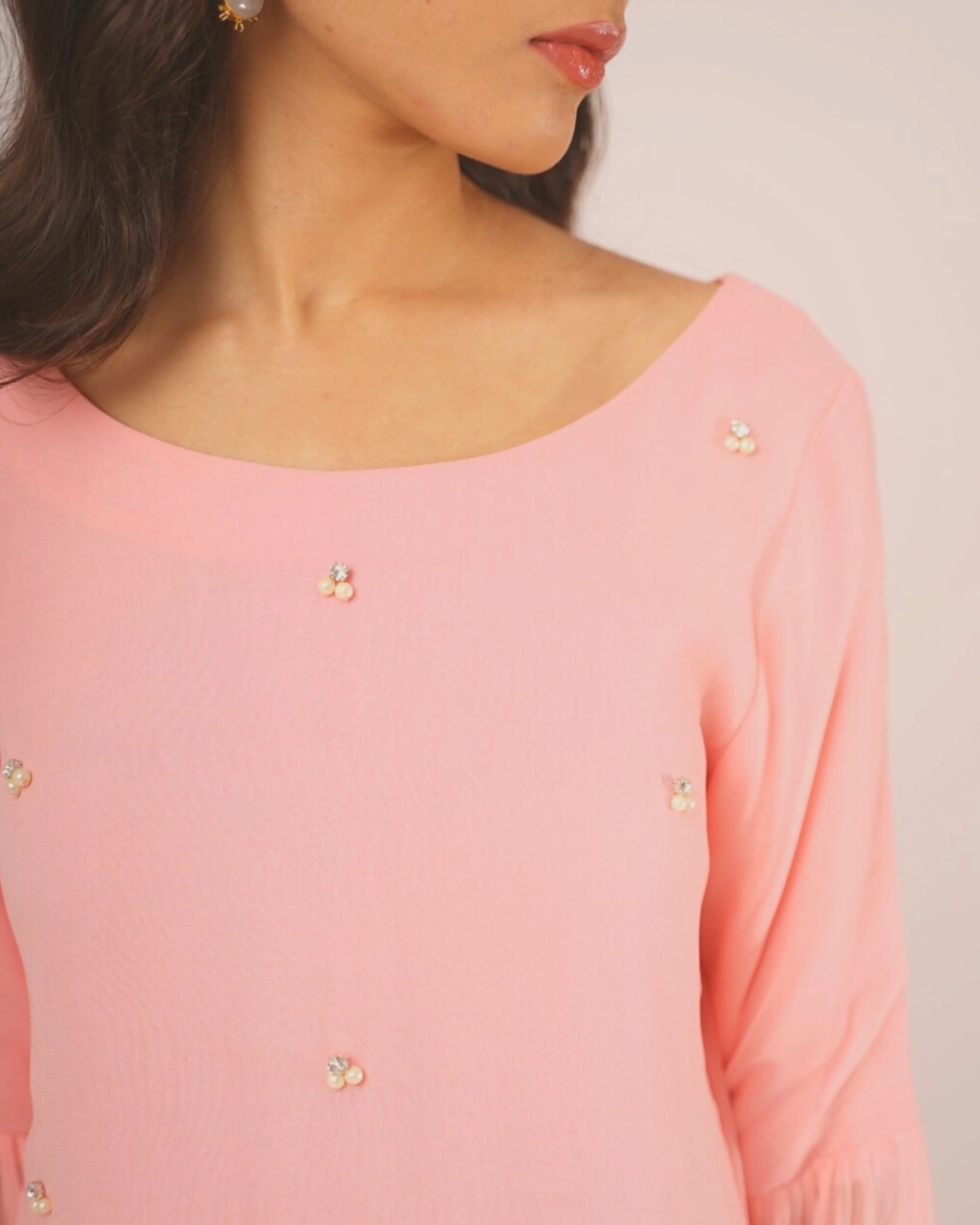 Pink Georgette Pearl Kurta with Mint Pants