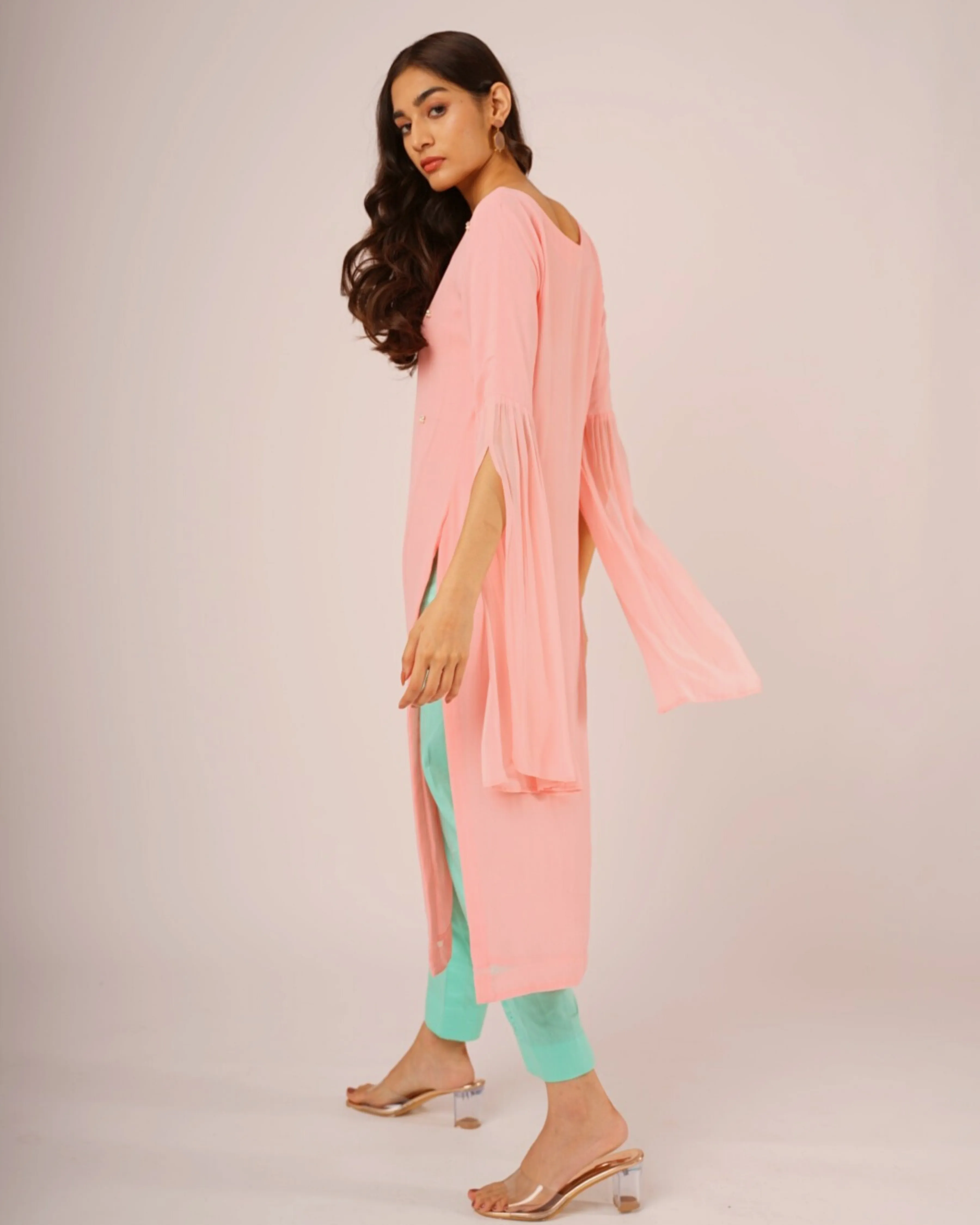 Pink Georgette Pearl Kurta with Mint Pants