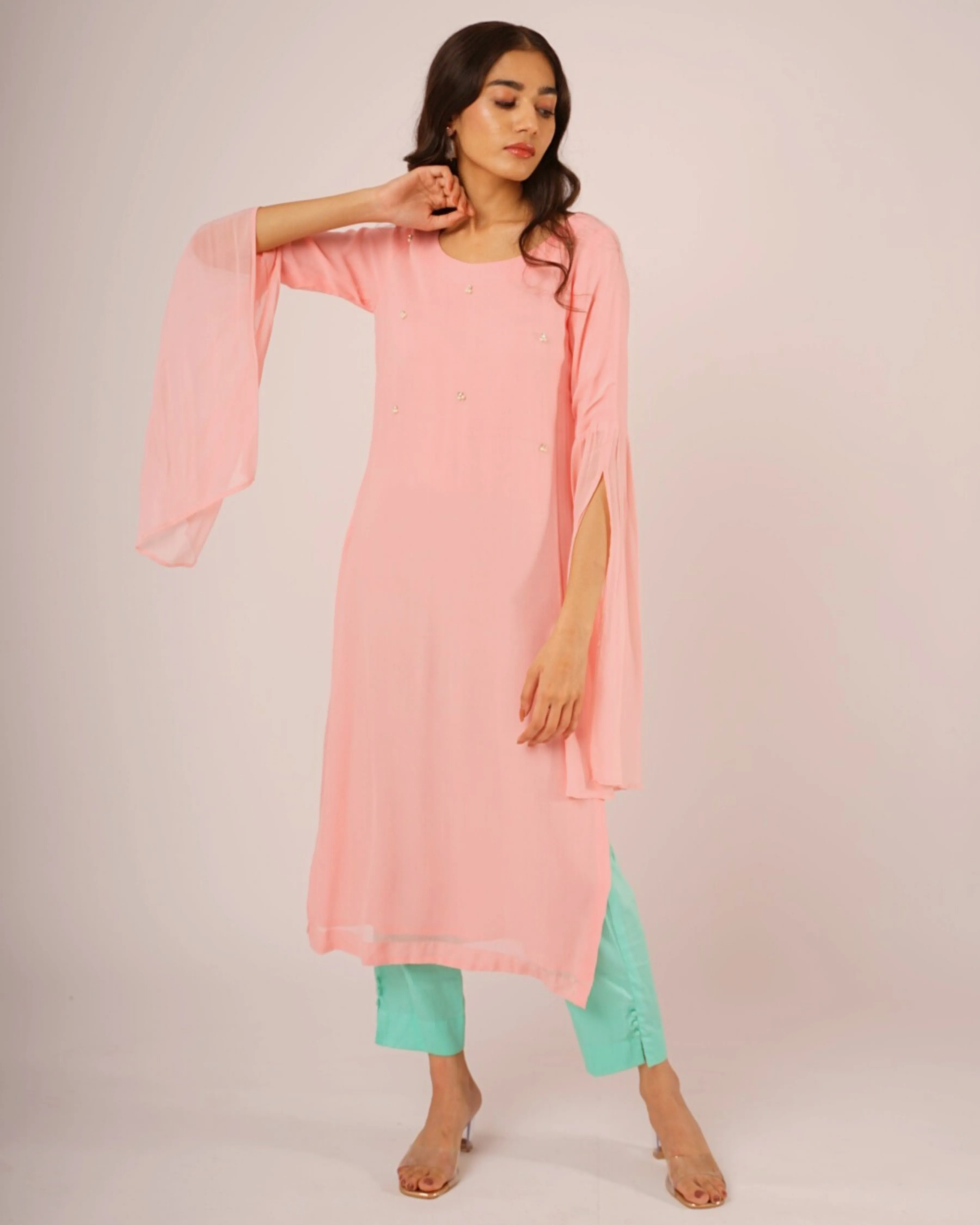 Pink Georgette Pearl Kurta with Mint Pants