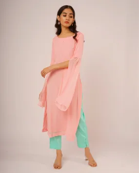 Pink Georgette Pearl Kurta with Mint Pants