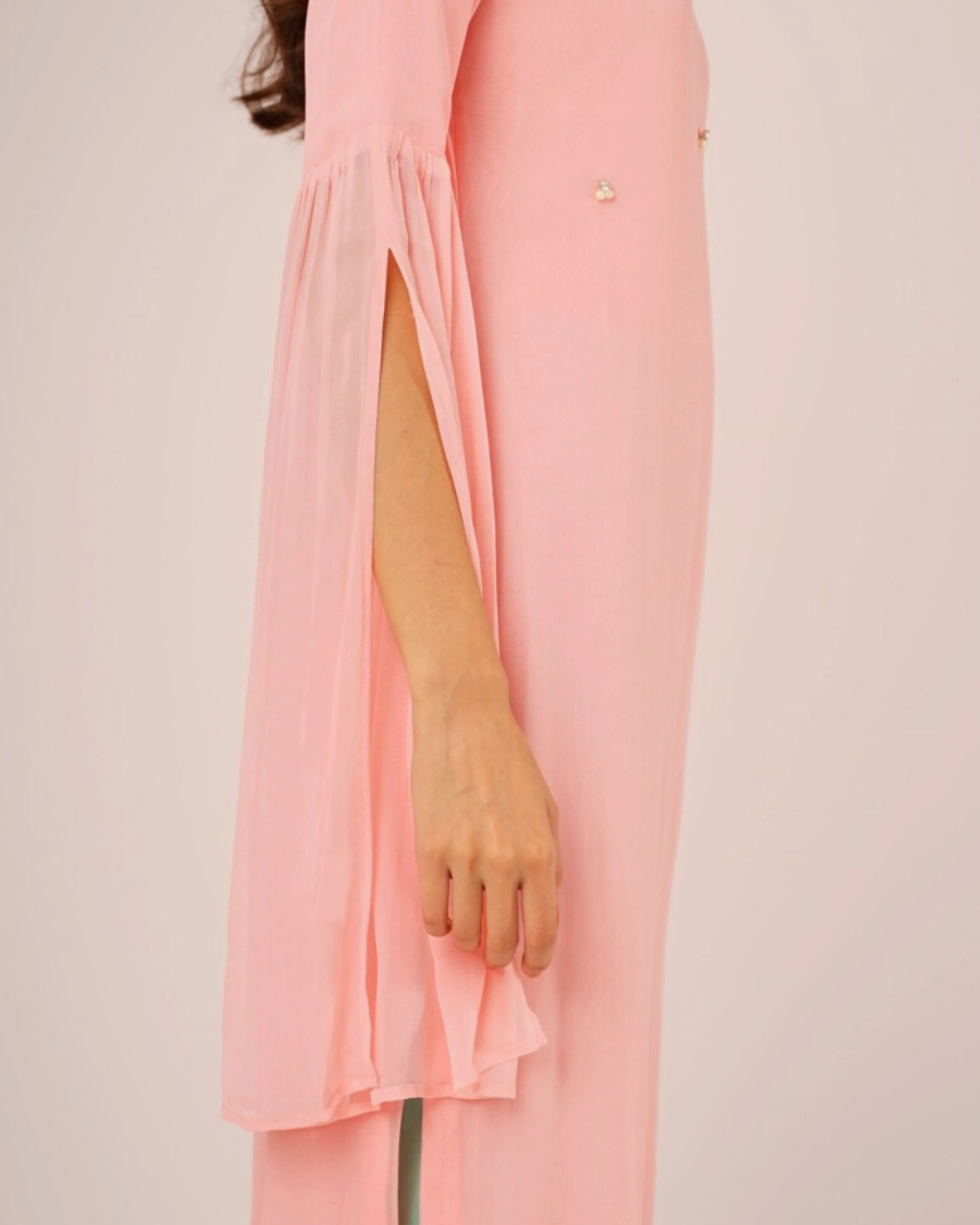 Pink Georgette Pearl Kurta with Mint Pants