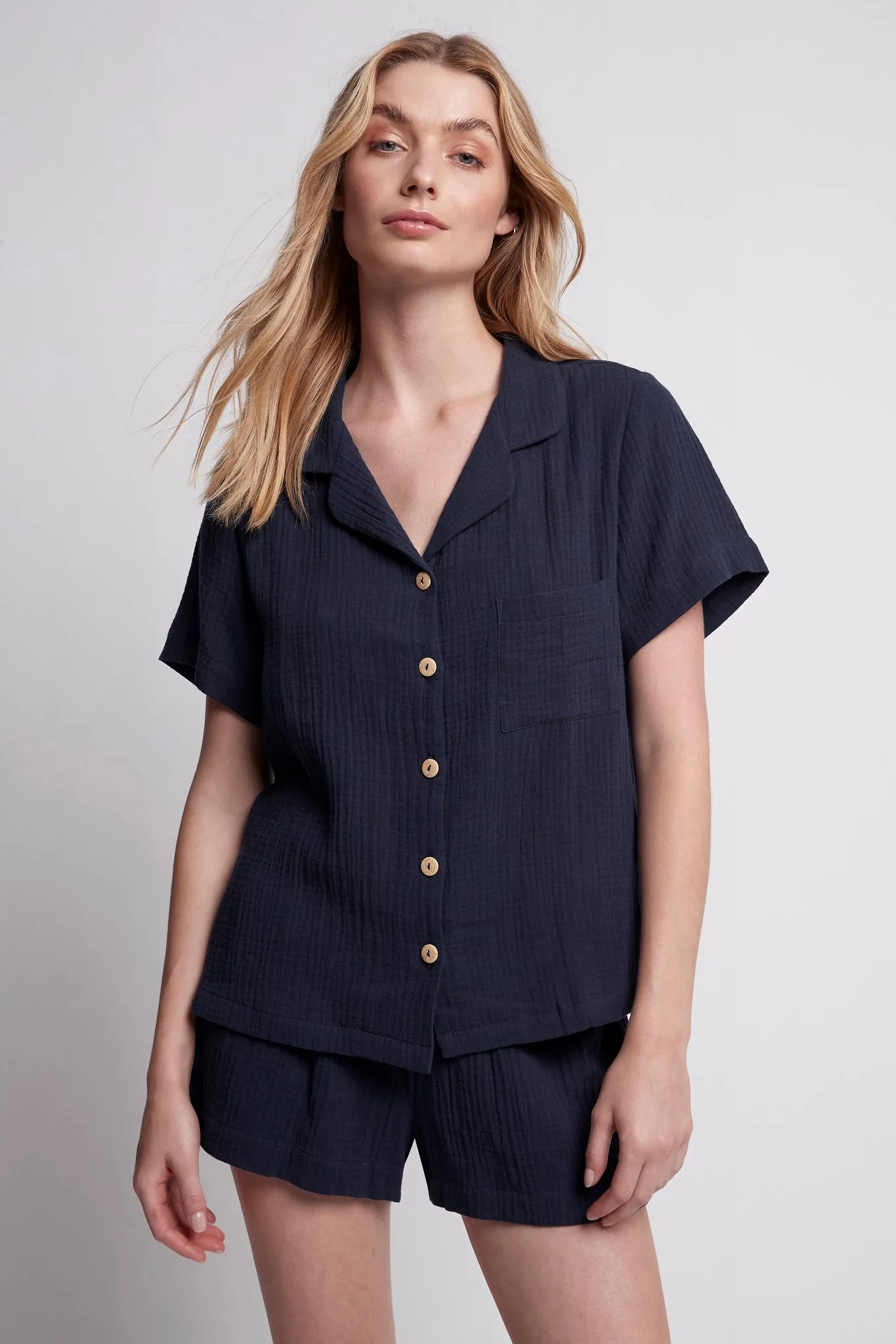 Piper Bubble Cotton Women's Short Pyjama Set - Navy