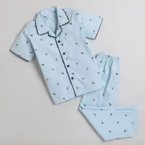 Polka Tots Half Sleeve Night Suit Pair 100% Cotton Crane Bird Print - Blue