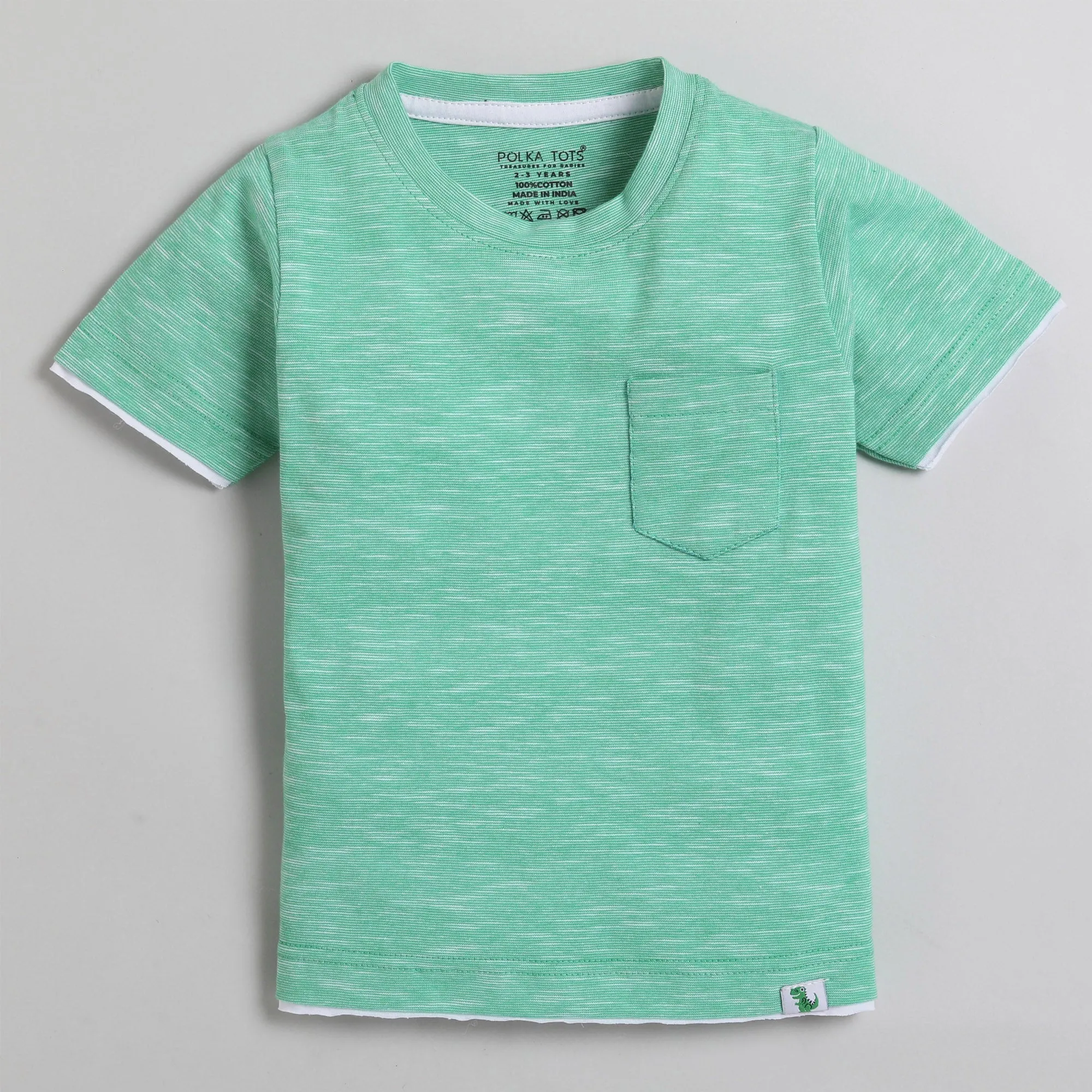 Polka Tots Half Sleeve T-Shirt 100% Cotton Self Weave with Pocket - Green