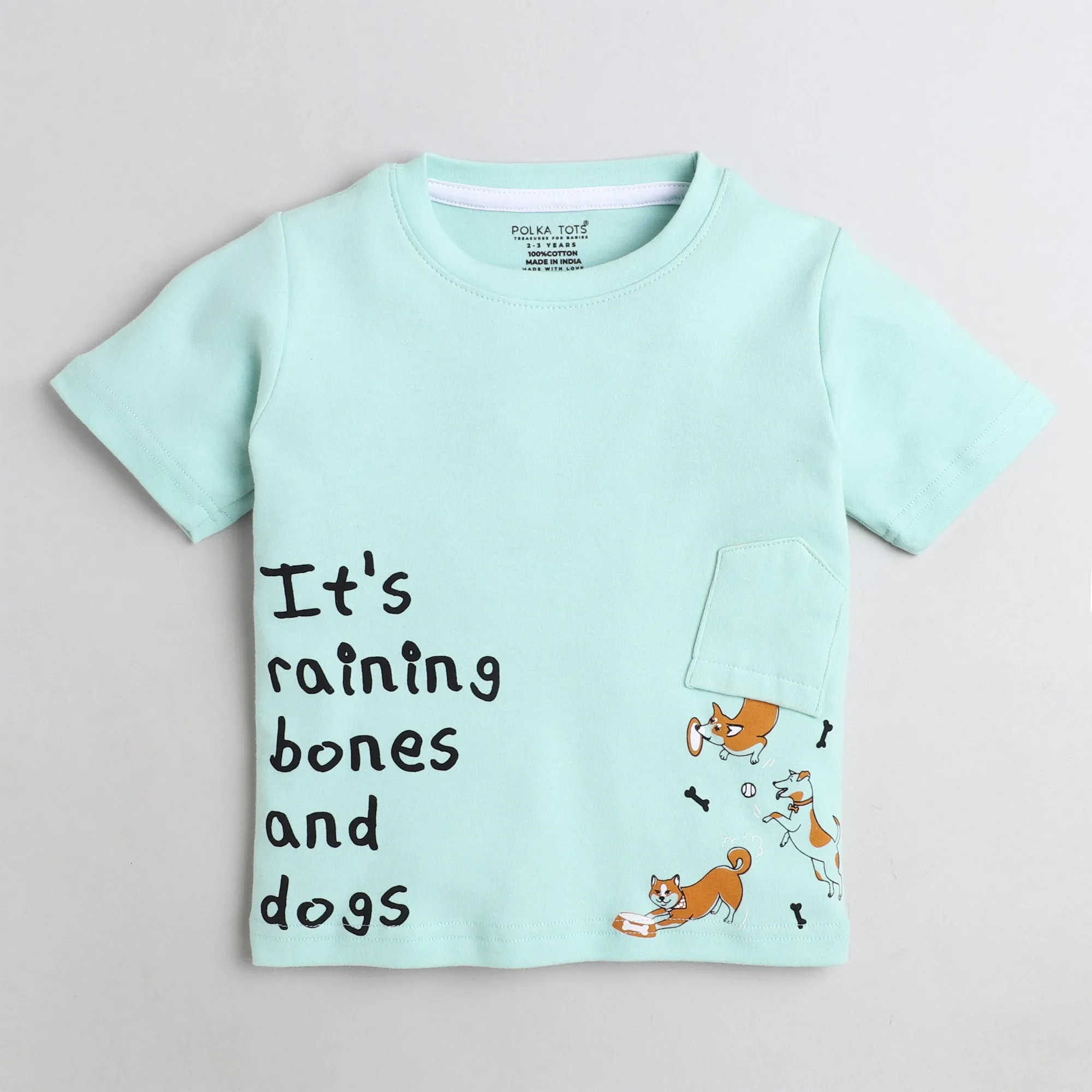 Polka Tots Half Sleeve T-Shirt Its Raining Bones And Dogs With Creative Pocket Print - Sea Green