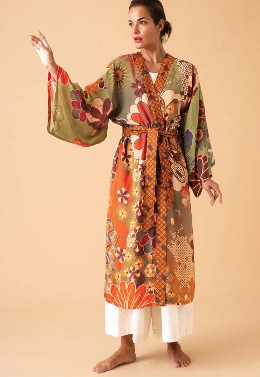 Powder - Kimono Gown - 70's Kaleidoscope Floral Sage