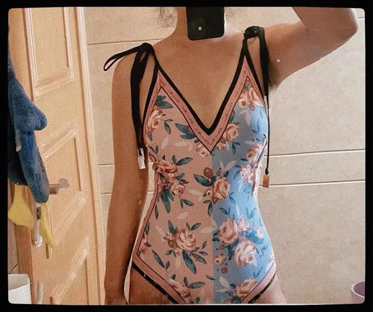 Reversible Thin Strap Tie Up Block Trim V Neck Floral Print One Piece Swimwear Bathsuit