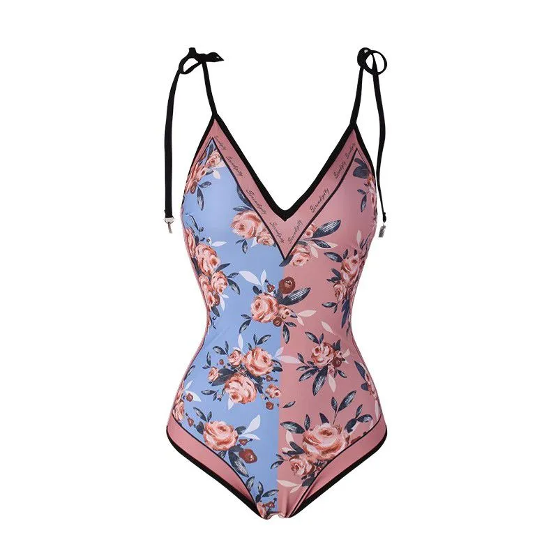 Reversible Thin Strap Tie Up Block Trim V Neck Floral Print One Piece Swimwear Bathsuit