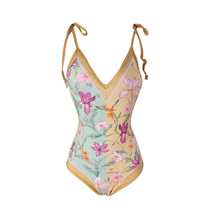 Reversible Thin Strap Tie Up Block Trim V Neck Floral Print One Piece Swimwear Bathsuit