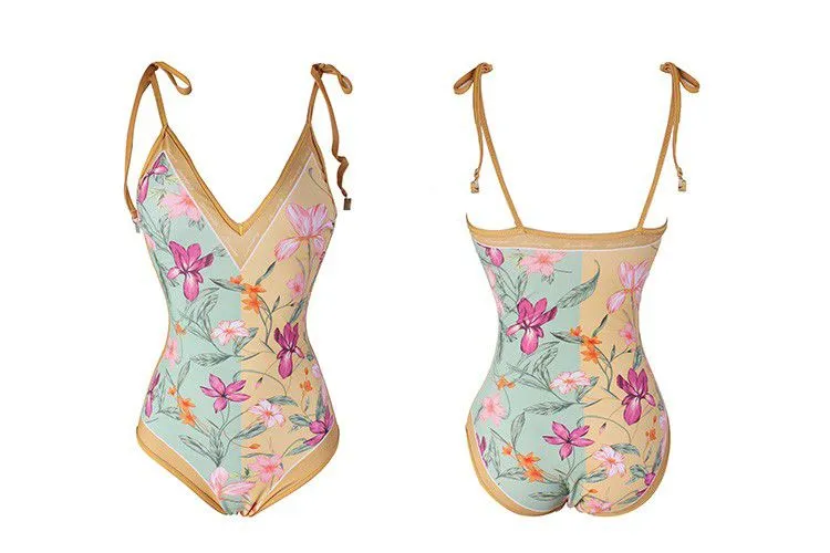 Reversible Thin Strap Tie Up Block Trim V Neck Floral Print One Piece Swimwear Bathsuit