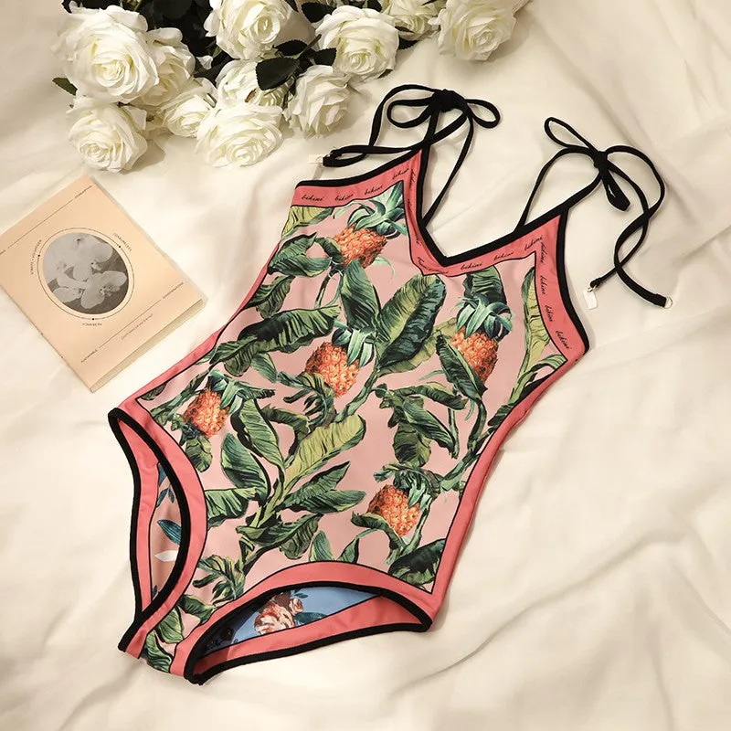 Reversible Thin Strap Tie Up Block Trim V Neck Floral Print One Piece Swimwear Bathsuit