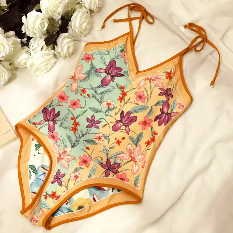 Reversible Thin Strap Tie Up Block Trim V Neck Floral Print One Piece Swimwear Bathsuit