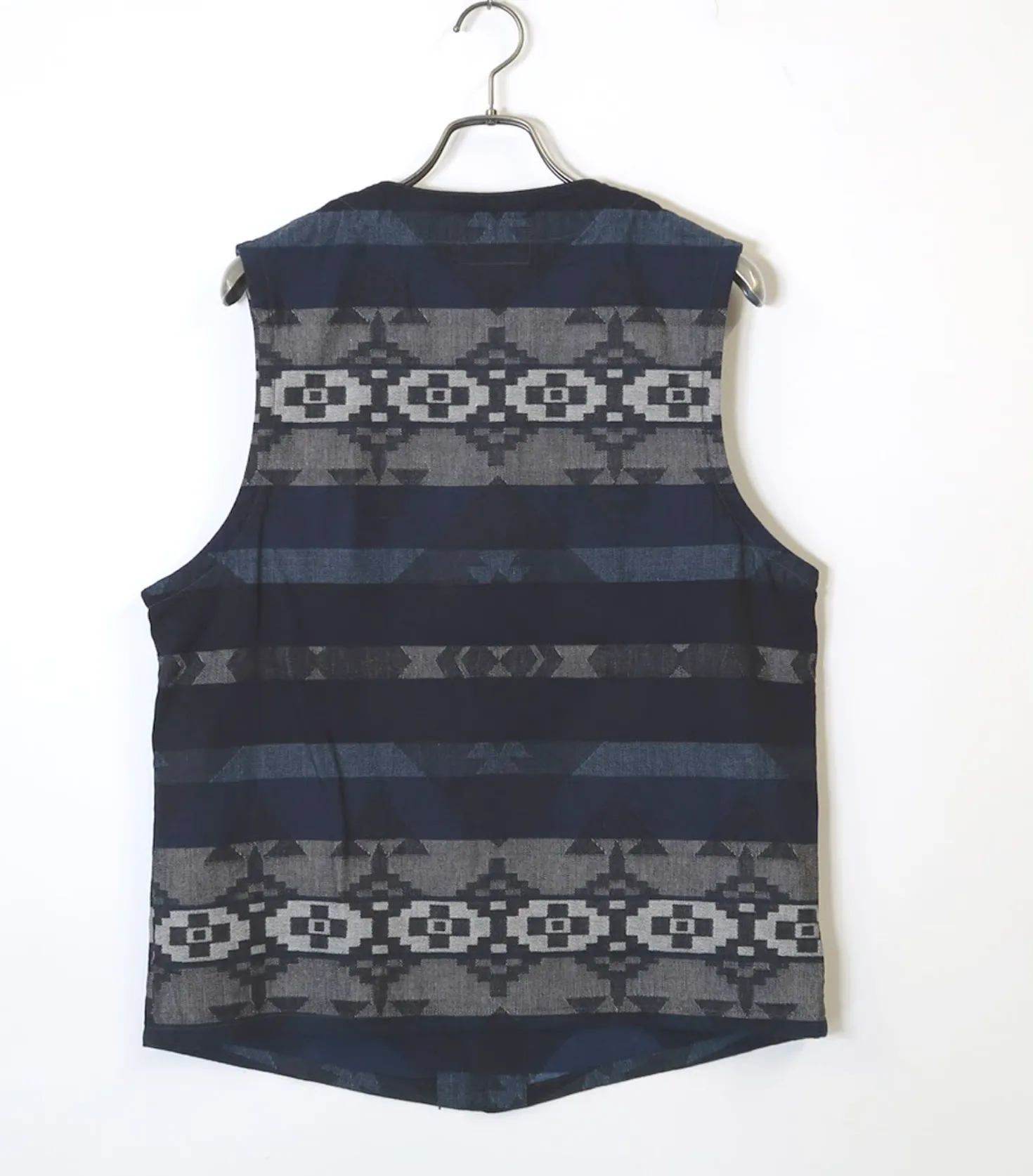 Indigenous-Inspired Jacquard Vest in Sugar Cane-Infused Indigo Color