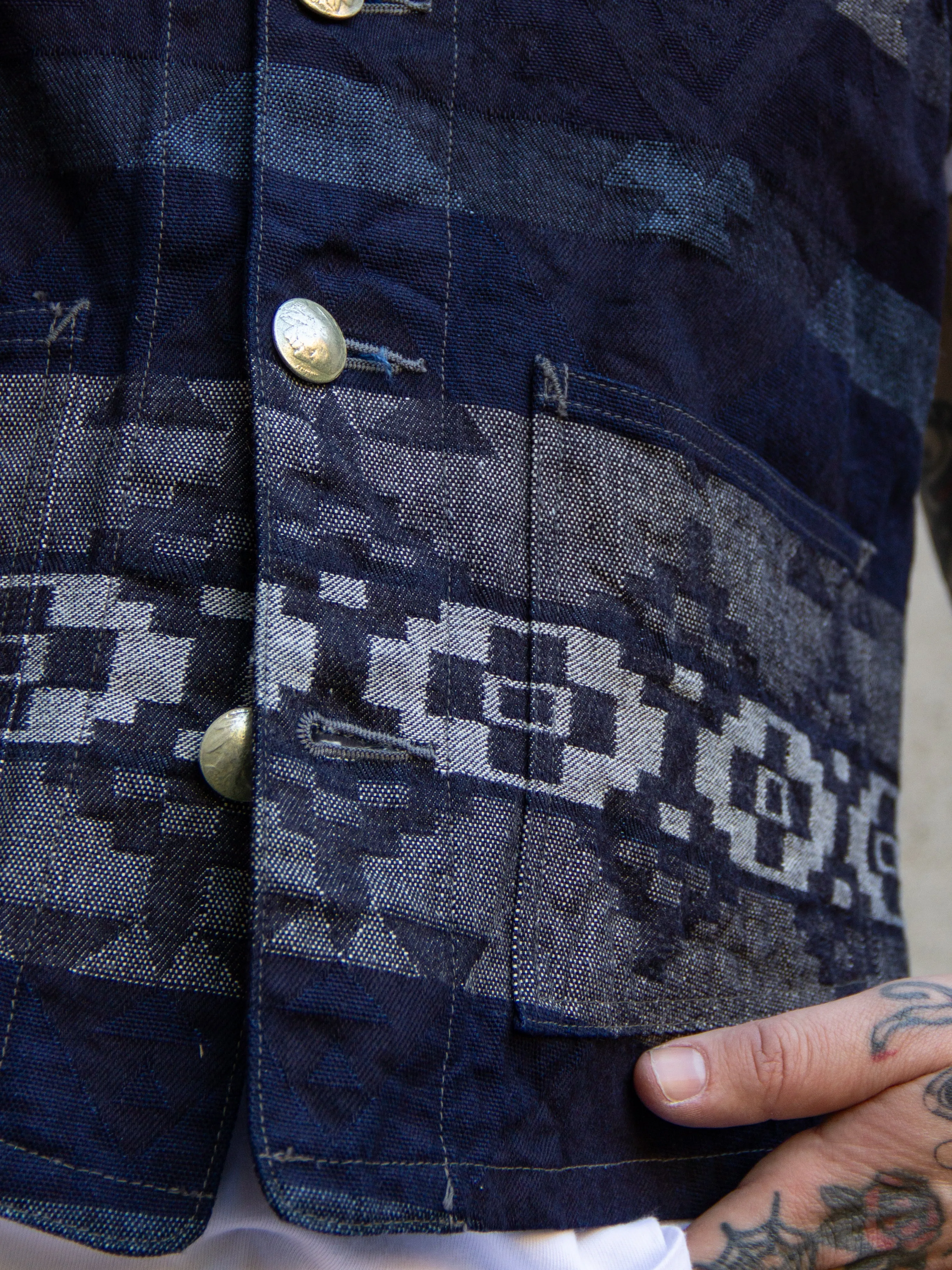 Indigenous-Inspired Jacquard Vest in Sugar Cane-Infused Indigo Color