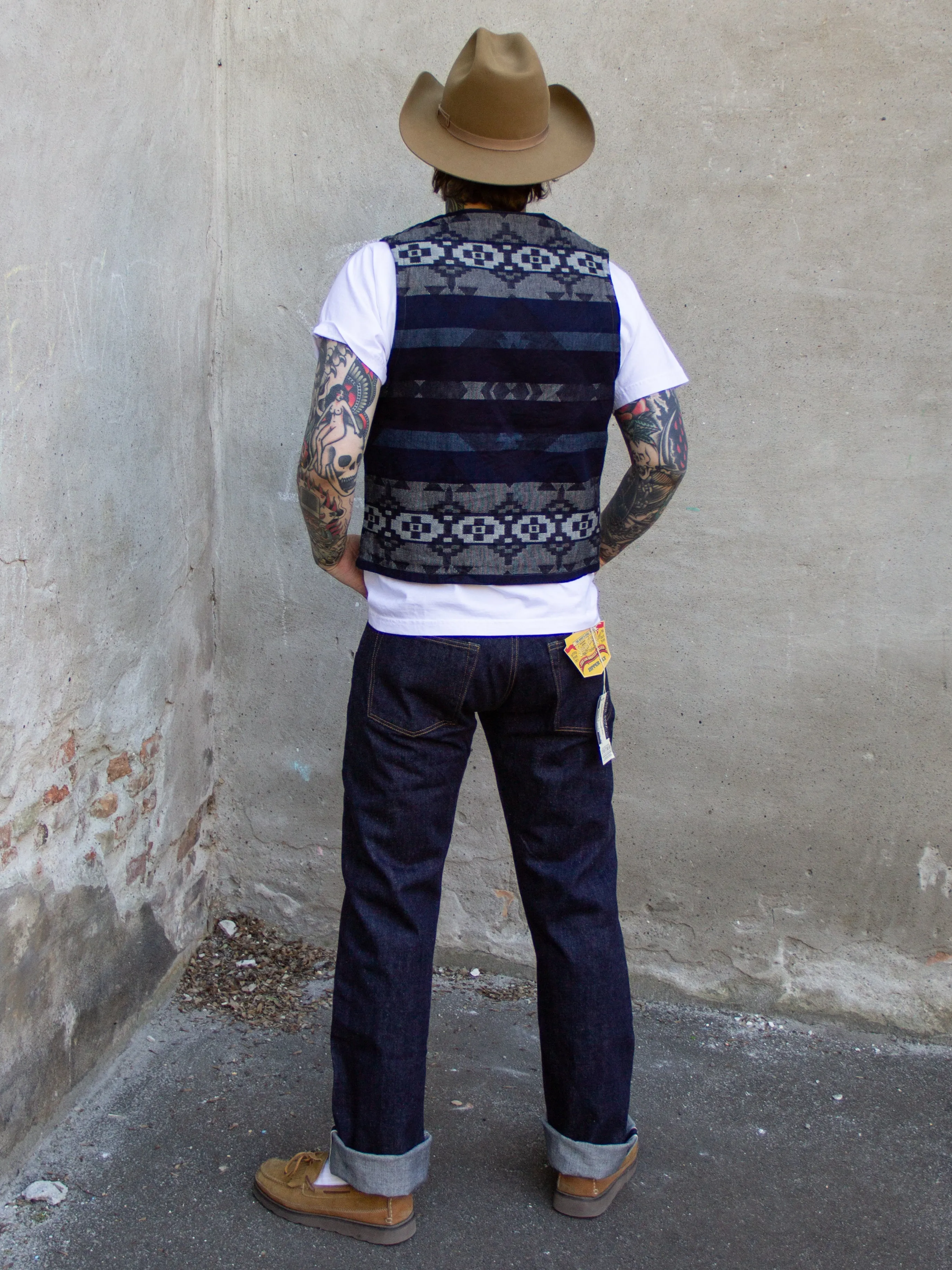 Indigenous-Inspired Jacquard Vest in Sugar Cane-Infused Indigo Color