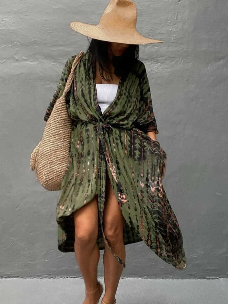 Tie-Dye Print Different Colors Rayon Long Length Gown Kimono Duster Robe