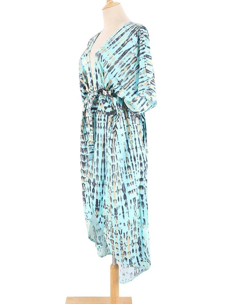 Tie-Dye Print Different Colors Rayon Long Length Gown Kimono Duster Robe