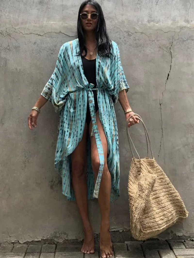 Tie-Dye Print Different Colors Rayon Long Length Gown Kimono Duster Robe