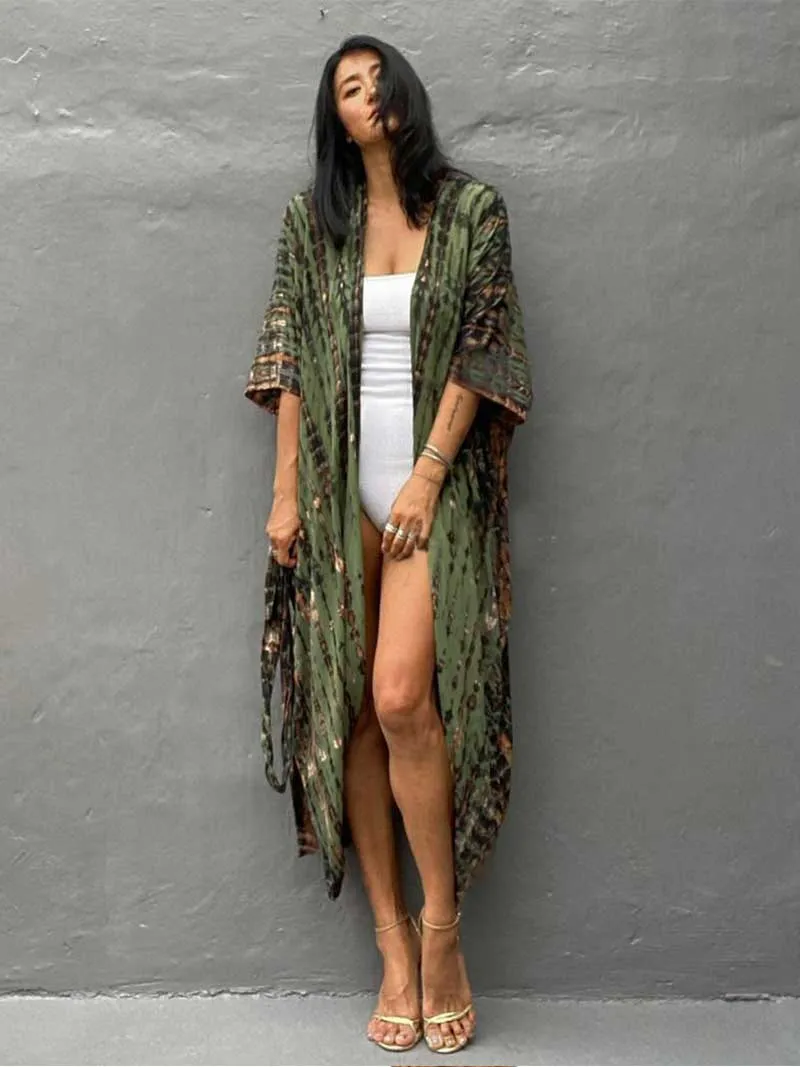 Tie-Dye Print Different Colors Rayon Long Length Gown Kimono Duster Robe