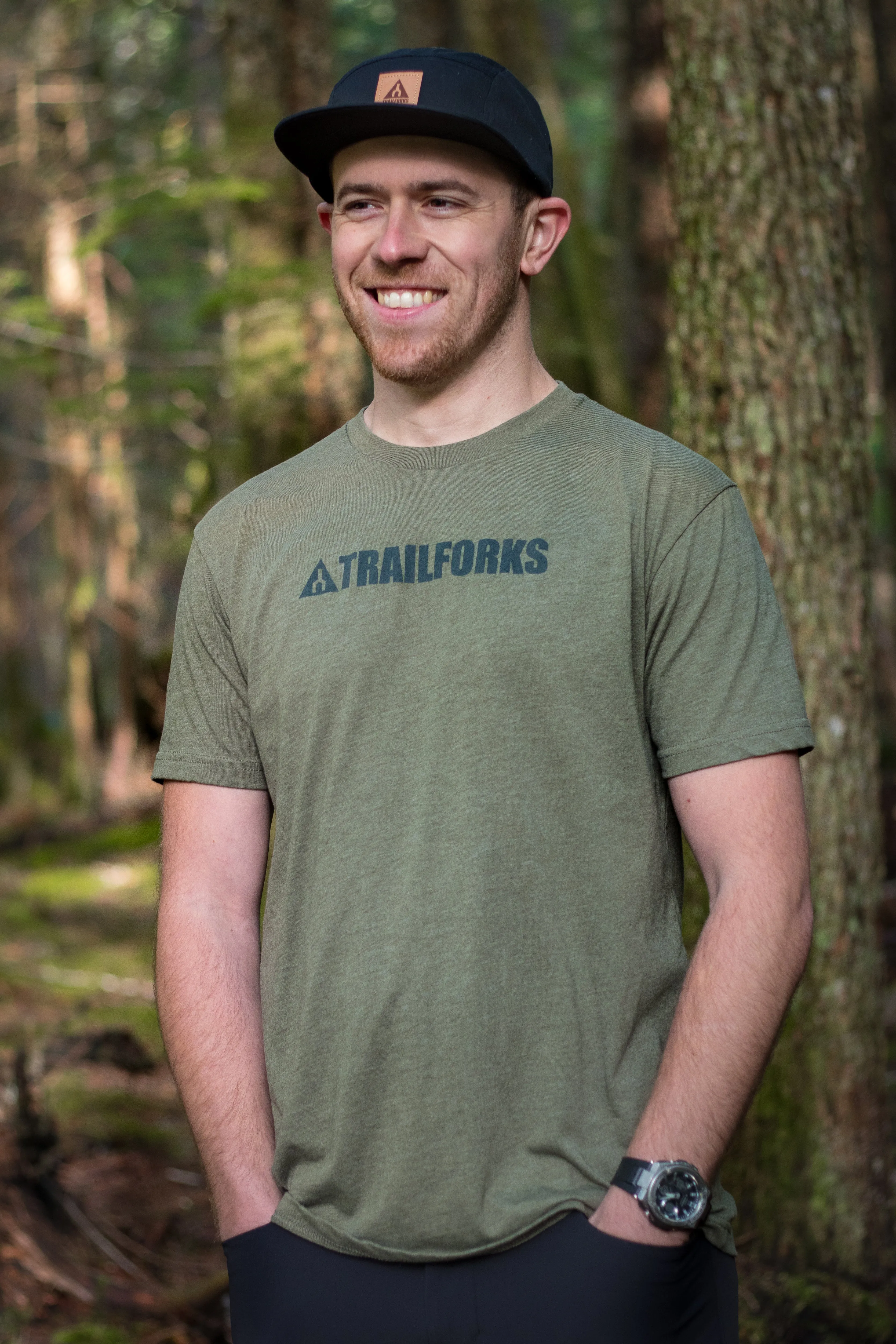 Trailforks Corporate Black Logo T-Shirt - Military Green